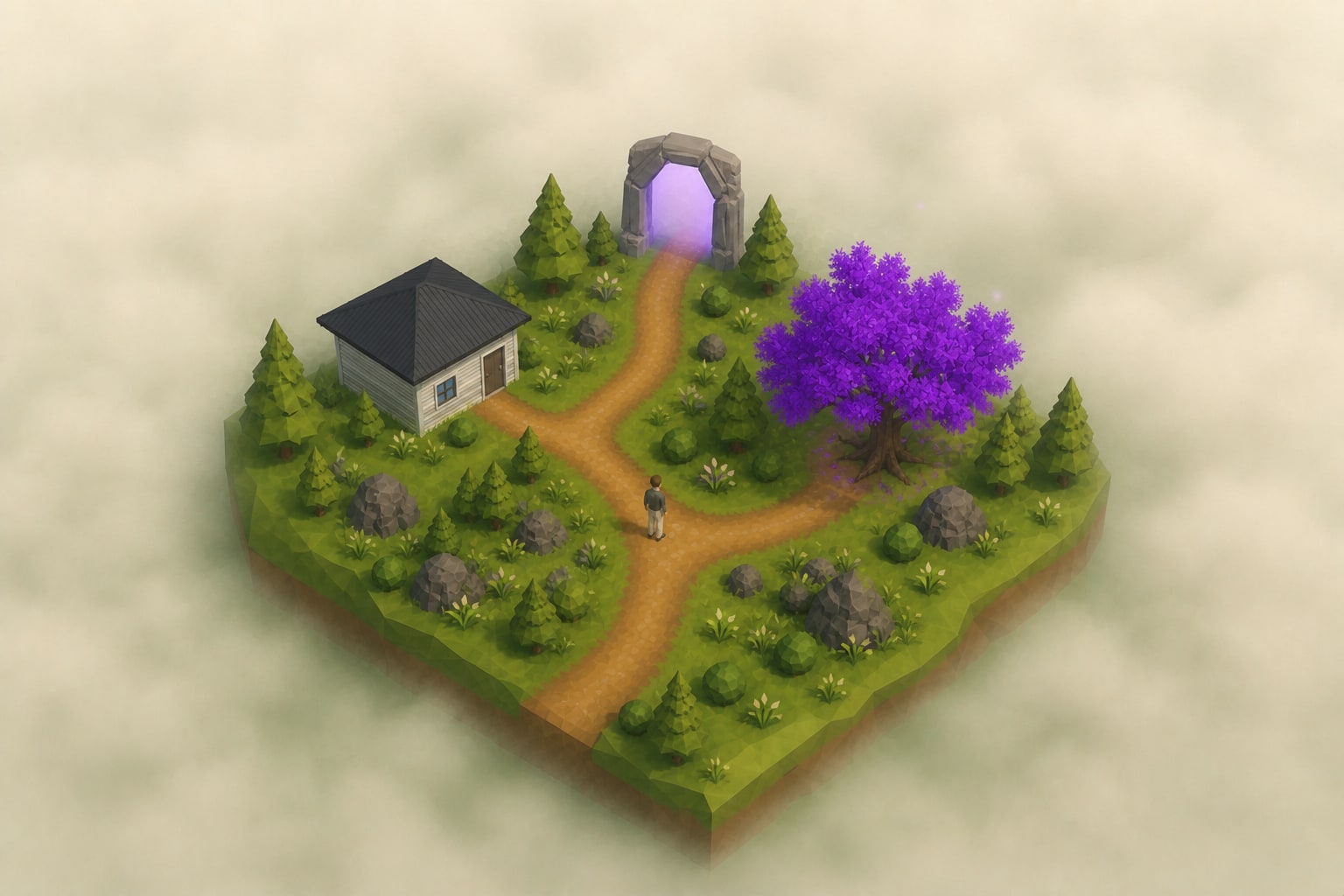 Illustration of a restored RyftRealm with connected paths, a cottage, an avatar, and a luminous violet Ryftheart tree.