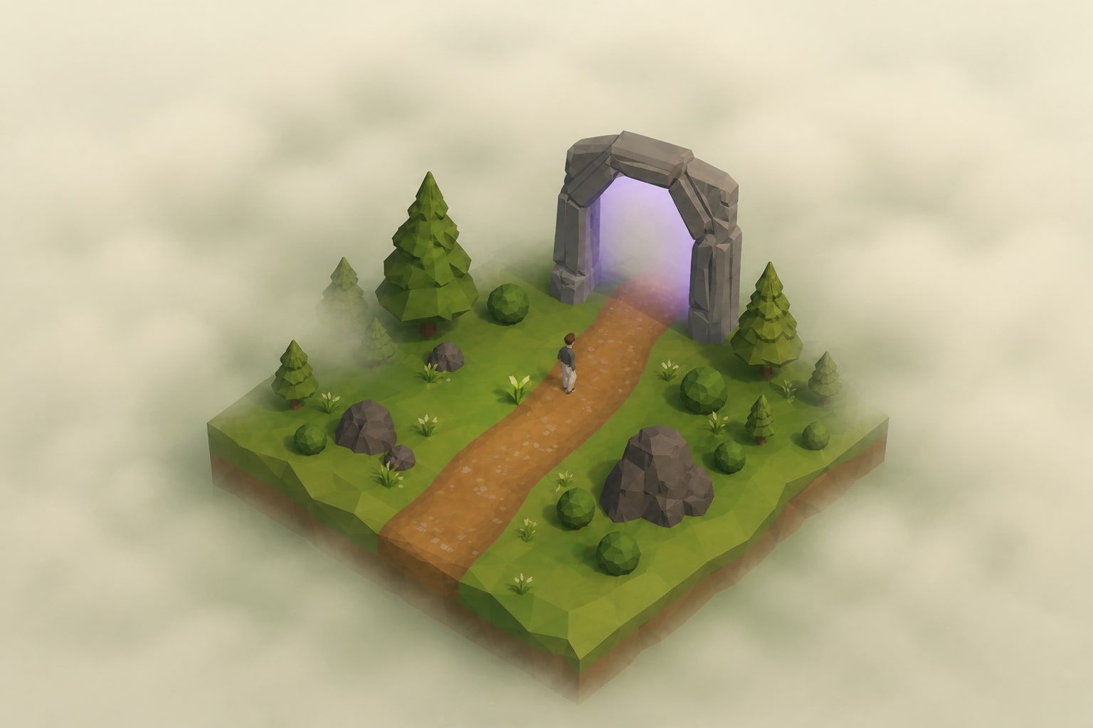 Illustration of a RyftRealm avatar approaching a stone rift gate on a small green foothold surrounded by mist.