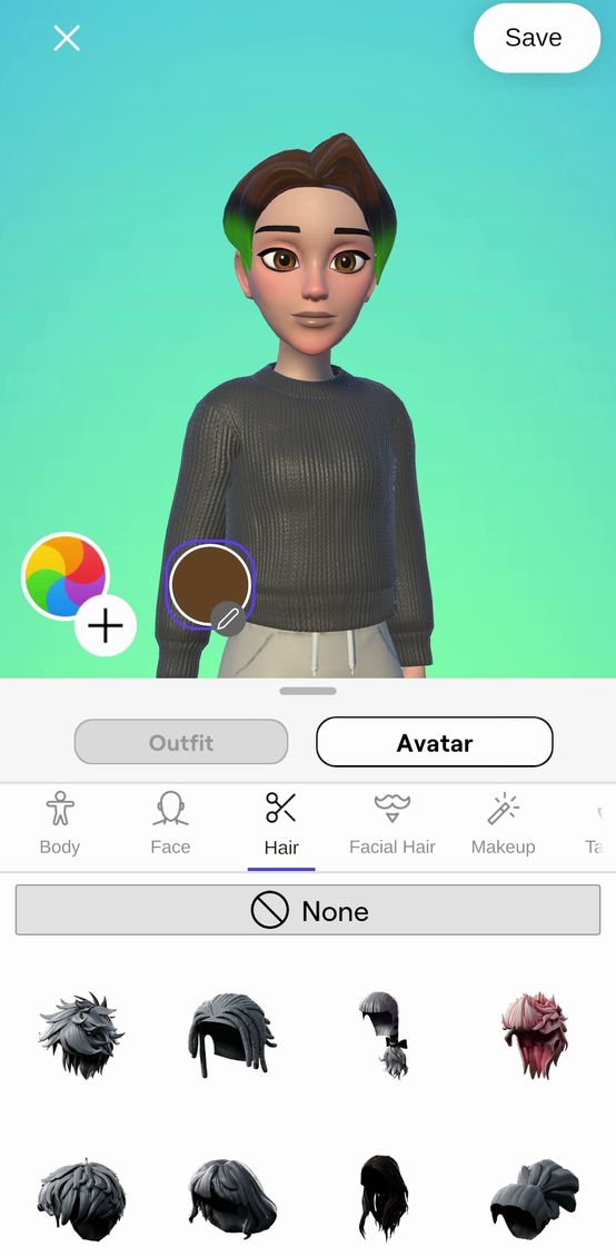 The real RyftRealm avatar editor showing hair and colour choices.