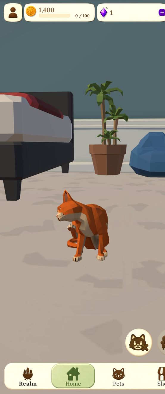 The real RyftRealm prototype showing the player petting an orange cat companion at home.