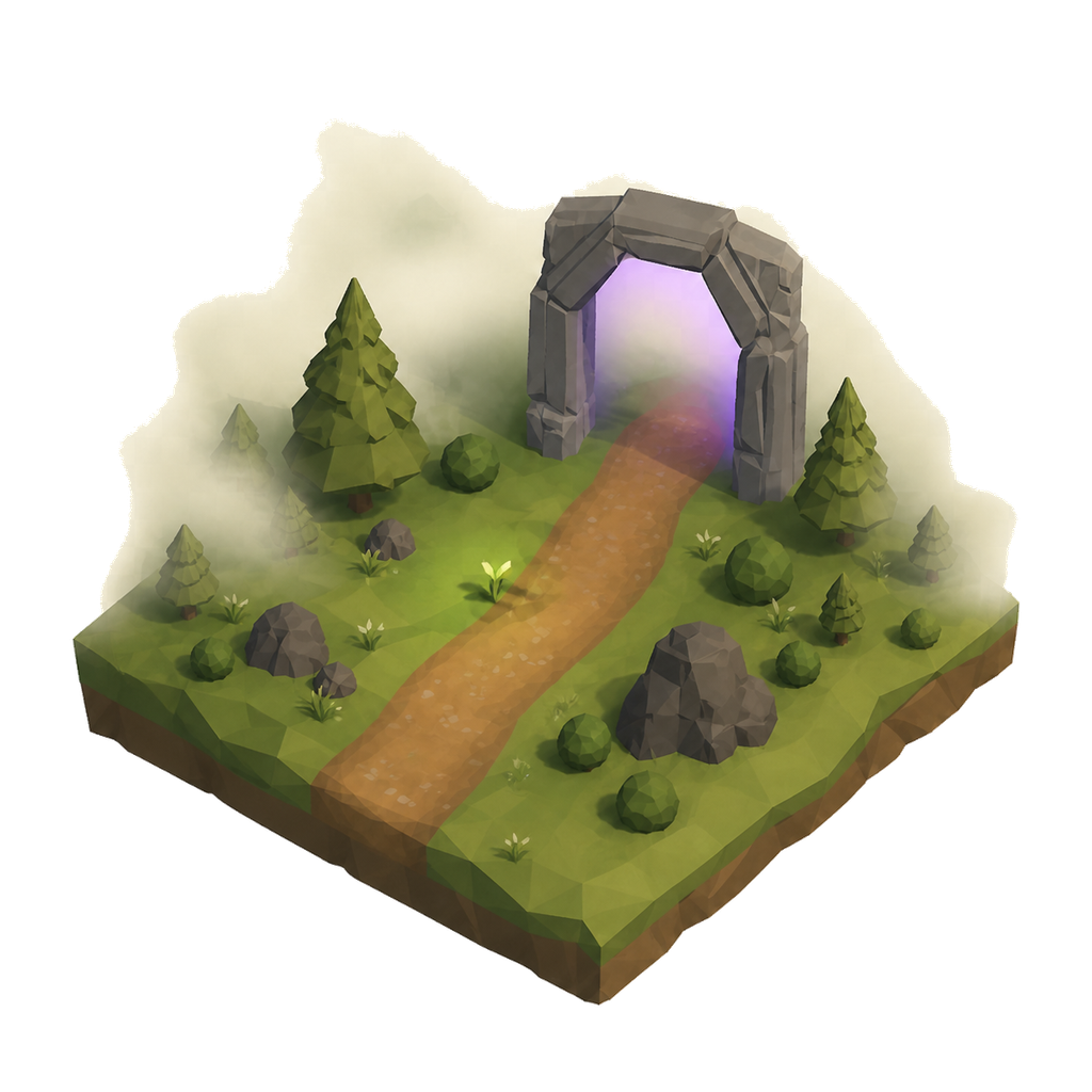 Illustration of the stone rift gate opening onto a restored green path and new sprout.