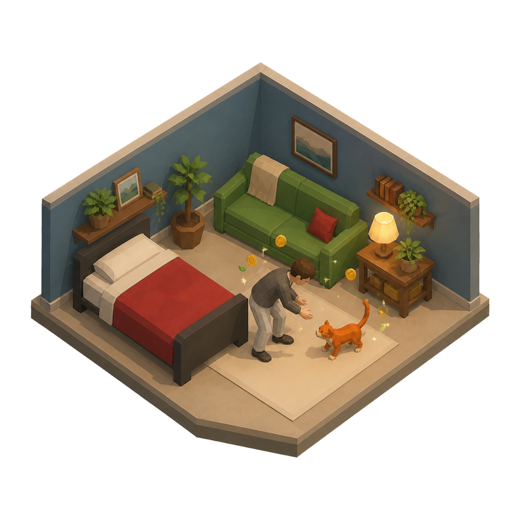 Illustration of a RyftRealm avatar returning to a furnished cottage and greeting an orange cat.